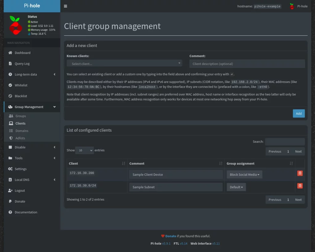 Pi-hole - Client Group Management - Group Assignments Changed