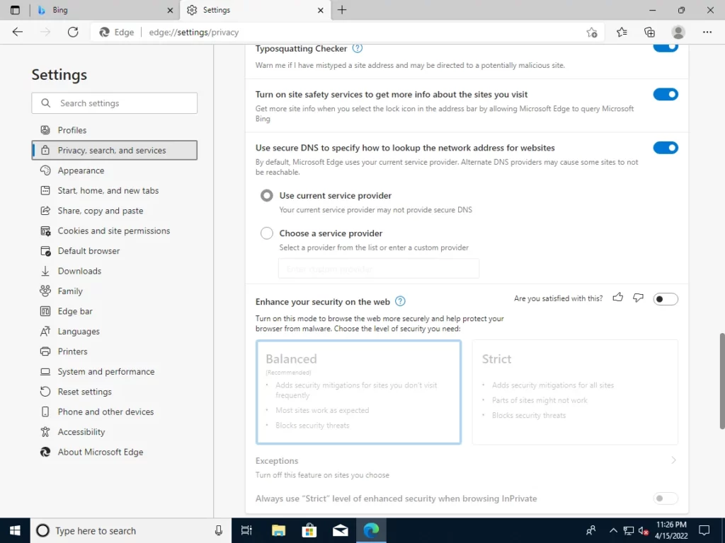 Microsoft Edge - Settings - Privacy, Search, and Services - Use Secure DNS