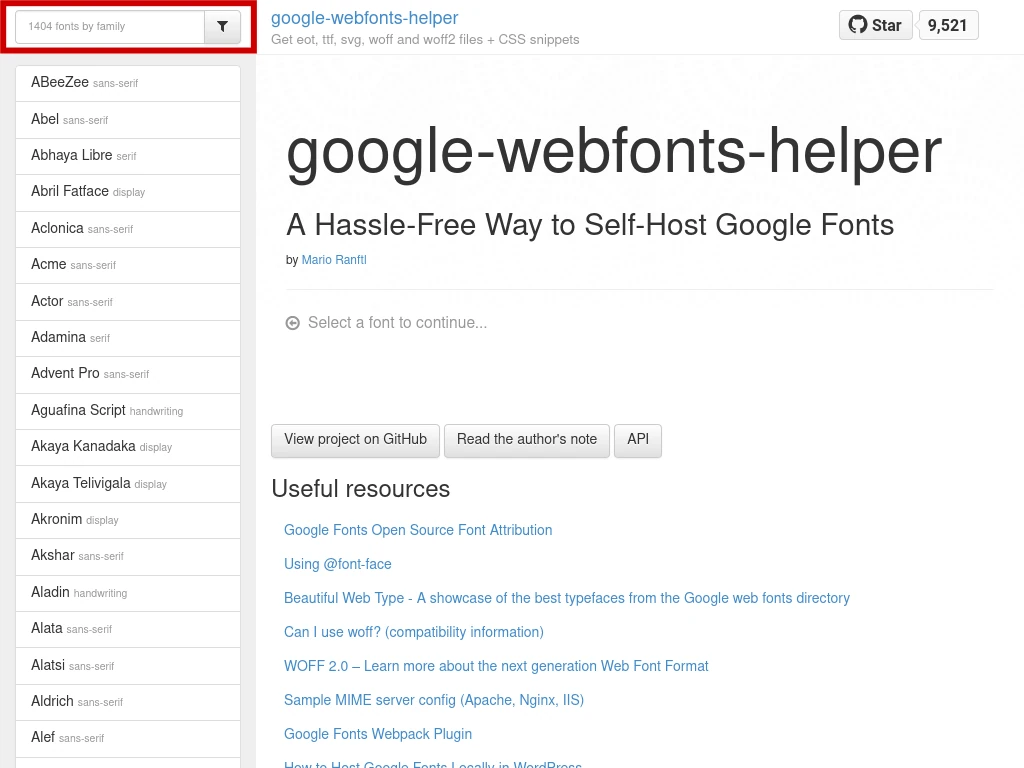 Google Webfonts Helper - Search Box