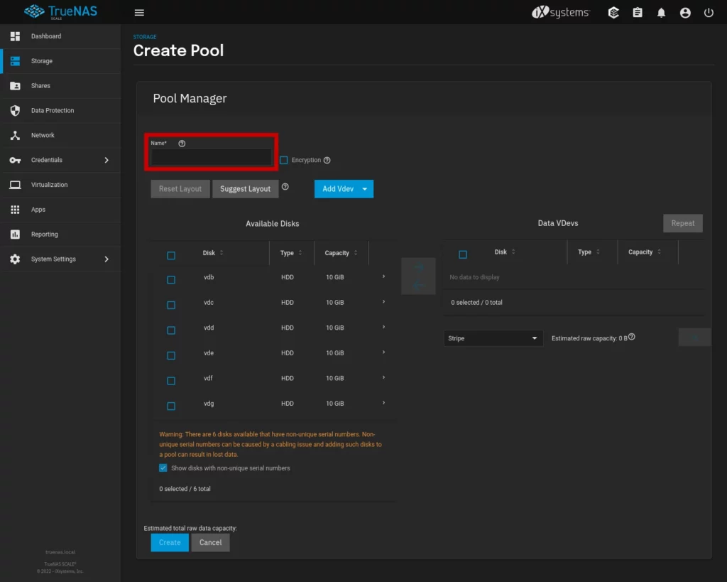 TrueNAS Scale - Create Pool - Name Field Highlighted