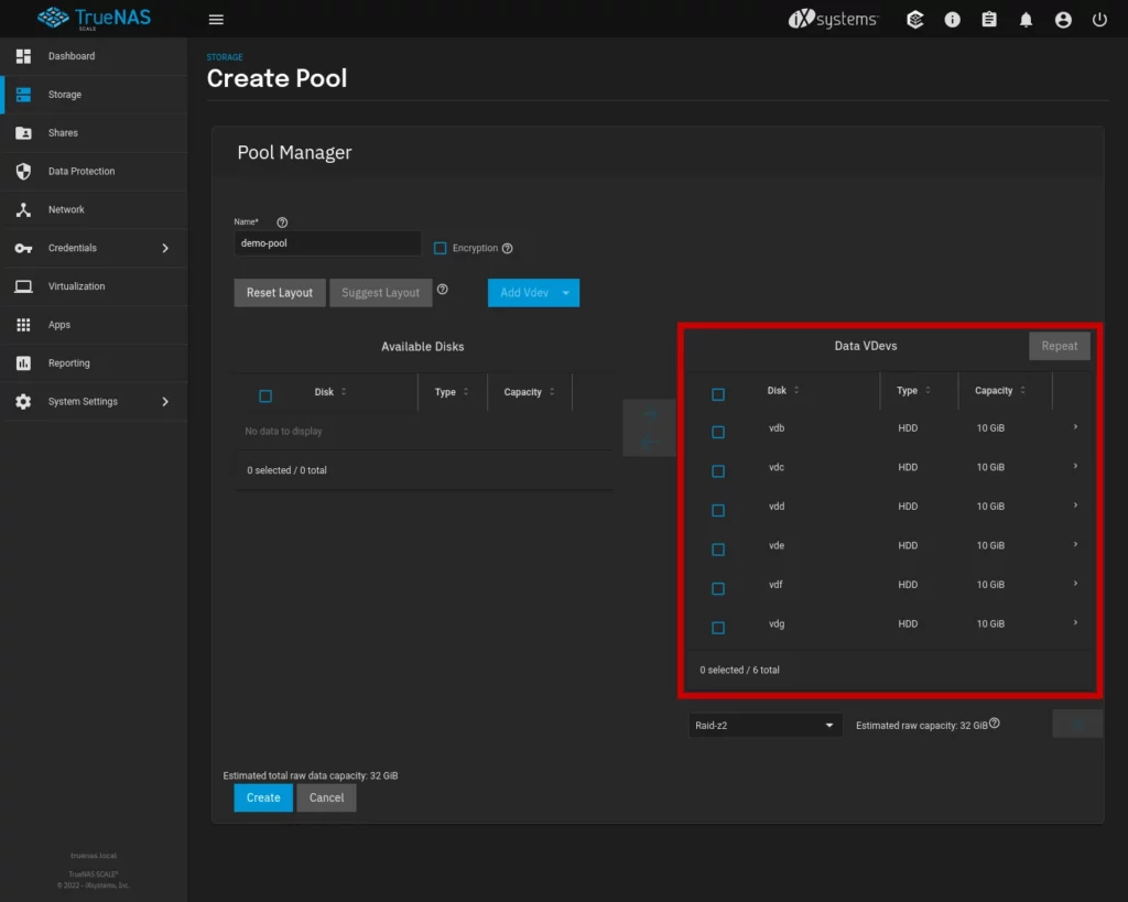 TrueNAS Scale - Create Pool - Disks added to Data Vdev