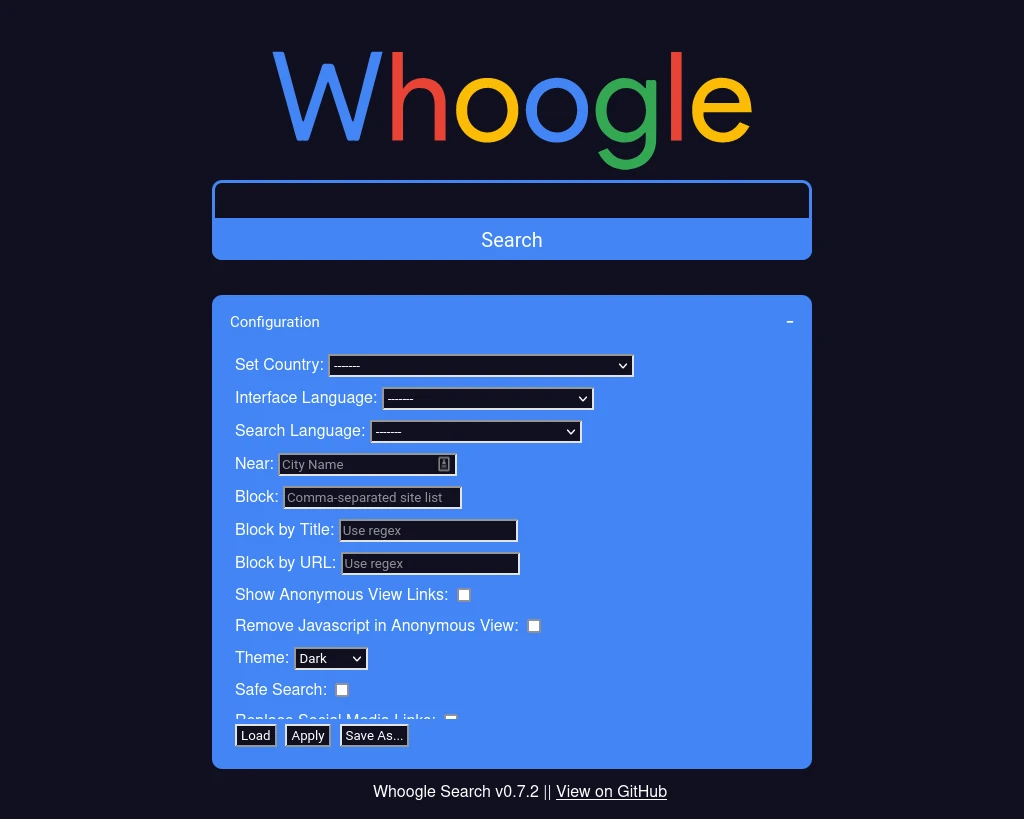 Whoogle Search - Configuration Dropdown