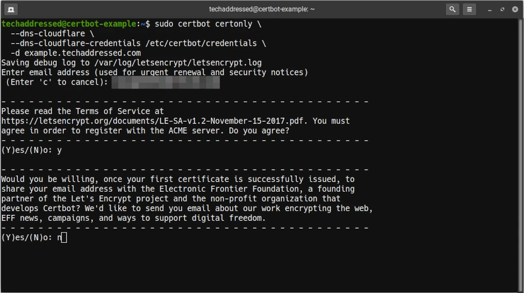 Obtaining Example Certbot Certificate With Cloudflare Credentials - 1 of 2