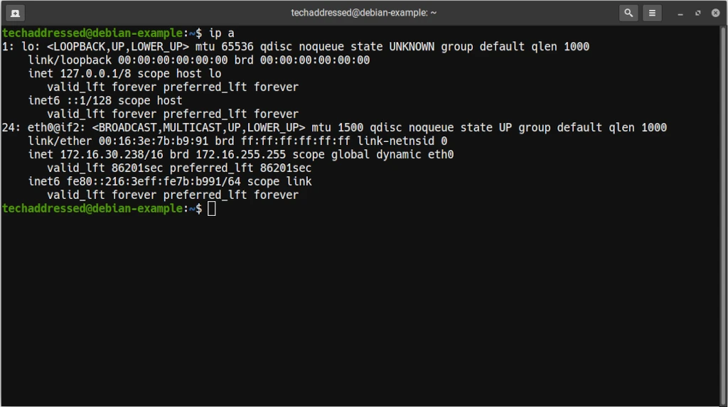 Screenshot - Checking IP addresses in Debian
