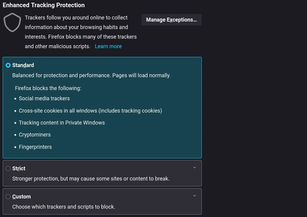 Screenshot Of Firefox's "Enhanced Tracking Protection" Settings