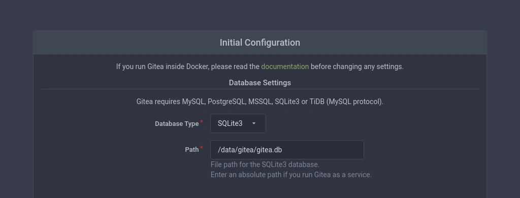 Gitea Initial Configuration Wizard - 1 of 3 - SQLite Settings