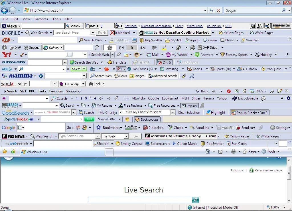 Screenshot - Internet Explorer With Too Many Plugins