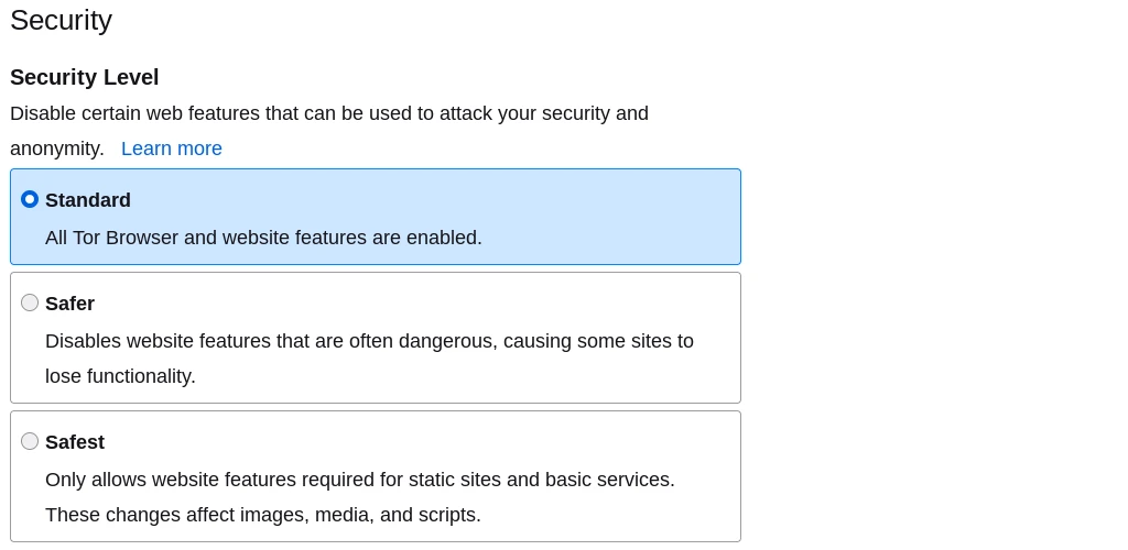 Screenshot - Tor Browser Security Settings