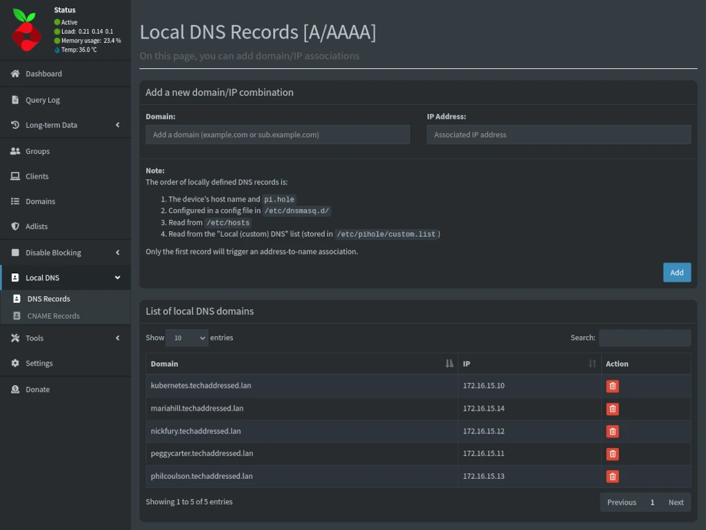 Pi-hole Local DNS Example Records