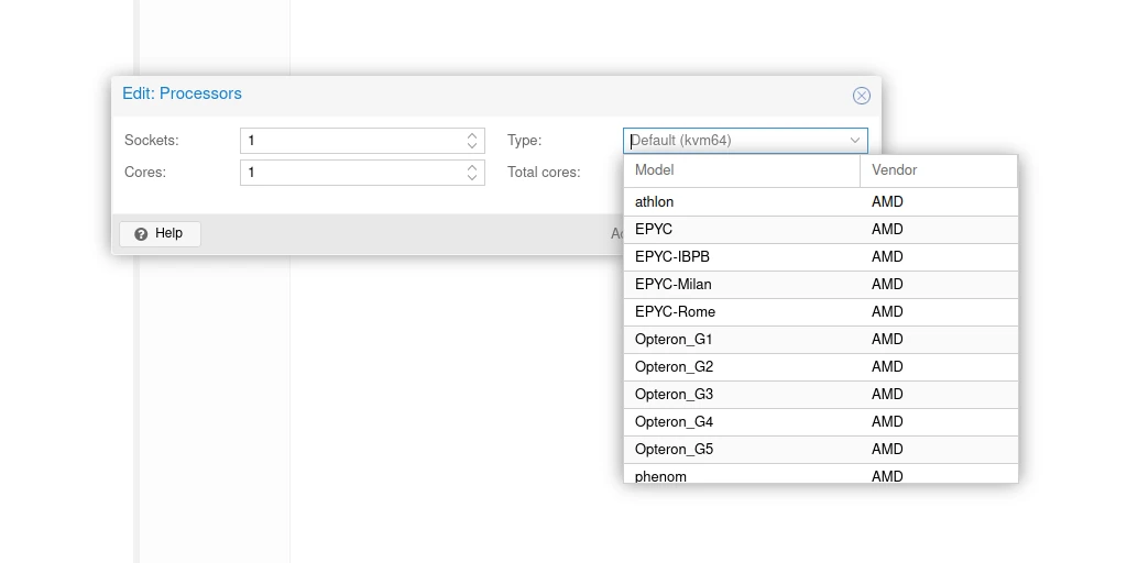 Screenshot showing the Edit:Processors modal with "type" dropdown.