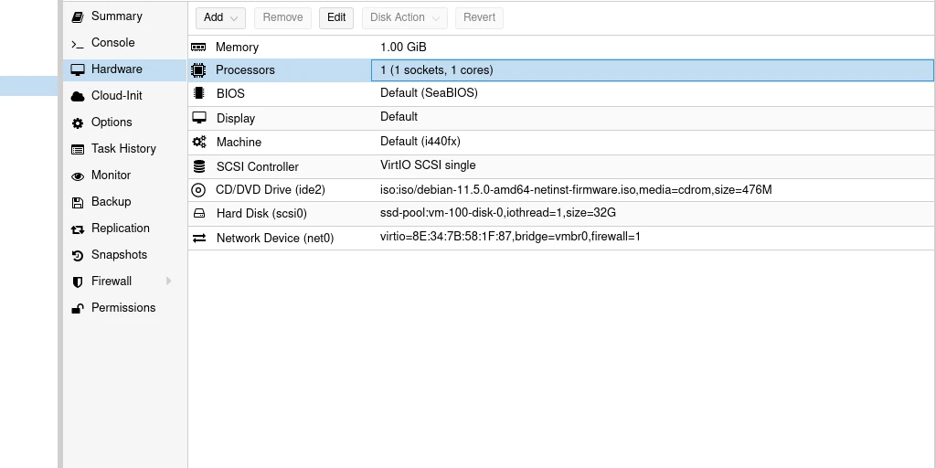 Screenshot of an example Proxmox VM hardware listing.