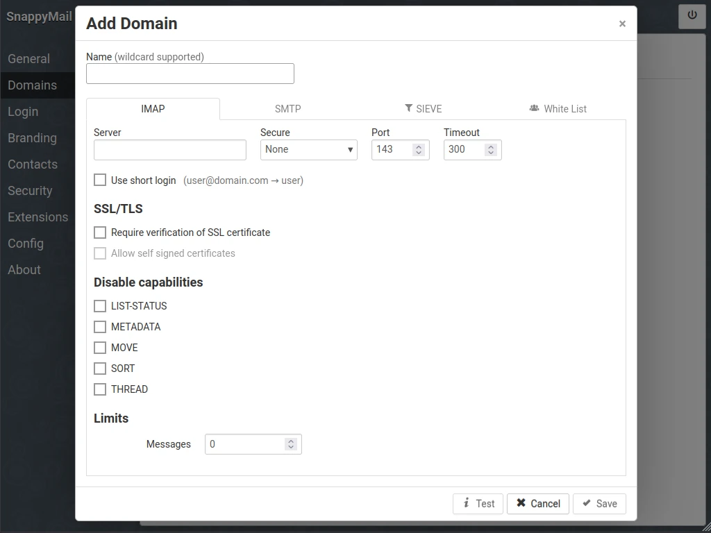 SnappyMail admin panel add domain interface.