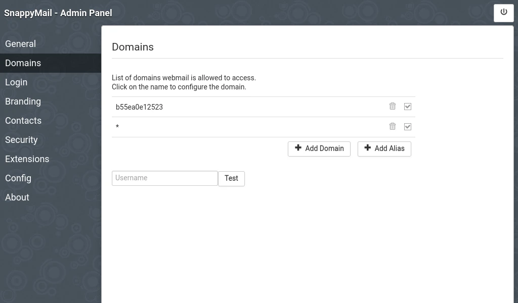 Screenshot of the SnappyMail admin panel default domains screen.