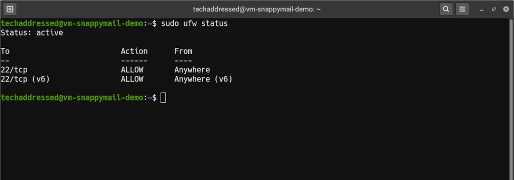 Example output of the "ufw status" command